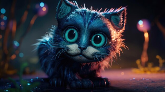 A blue cat with big green eyes is on a dark background.