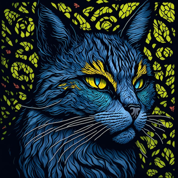 A blue cat with yellow eyes is in front of a black background.