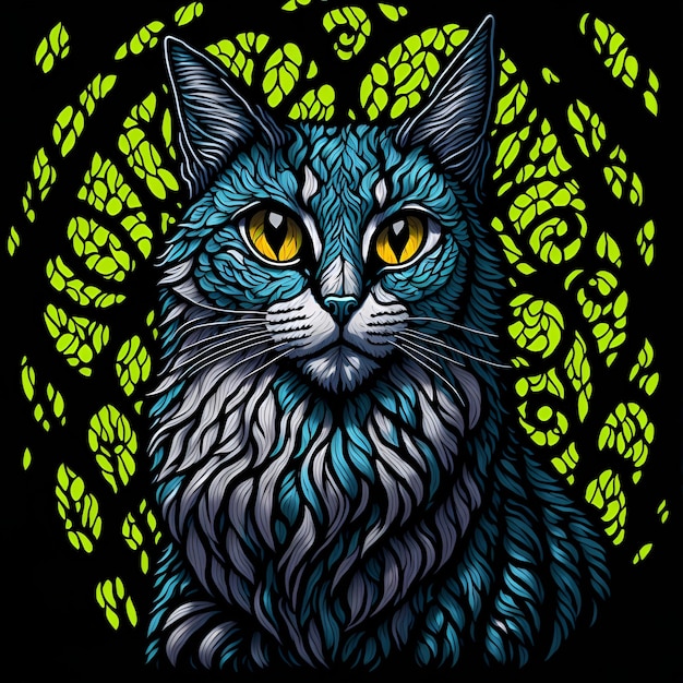 A blue cat with yellow eyes is shown in a black background.