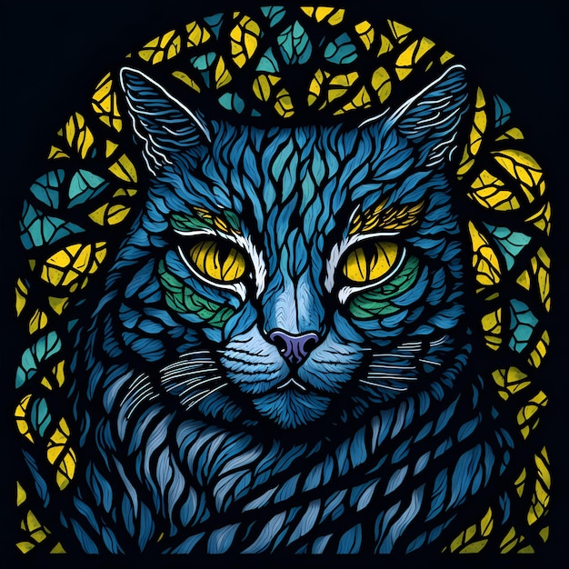 A blue cat with yellow eyes is shown in a black background.