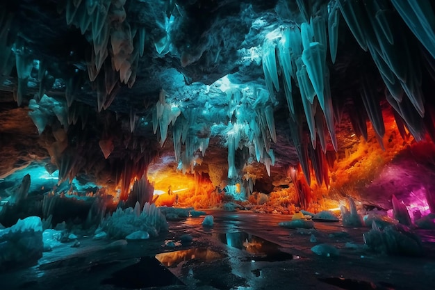 A blue cave with a blue and orange light