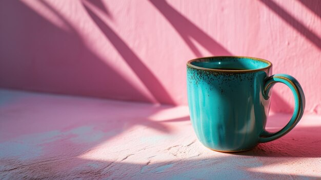 Blue ceramic mug on a pink surface with shadows