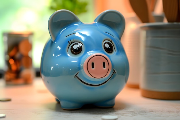 Blue ceramic piggy bank with a smiling face on a blurred background concept of savings and financial planning