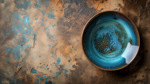 Blue ceramic plate with speckled pattern on a rustic brown surface