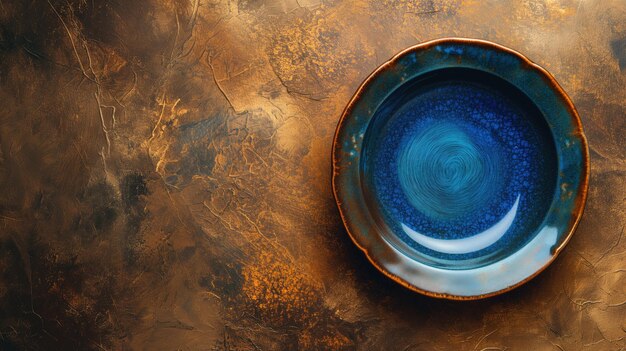 Blue ceramic plate with textured design on a golden brown background