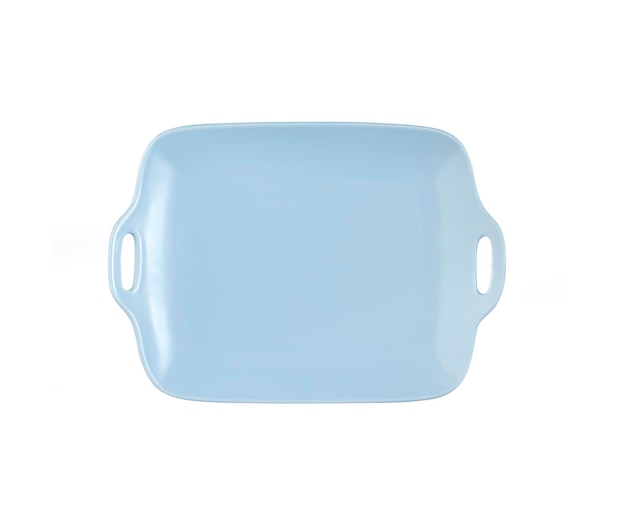 Blue ceramic tray with isolated on white background with clipping path. Flat lay, top view.