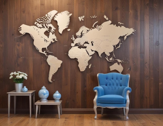 Photo a blue chair and a map of the world on the wall