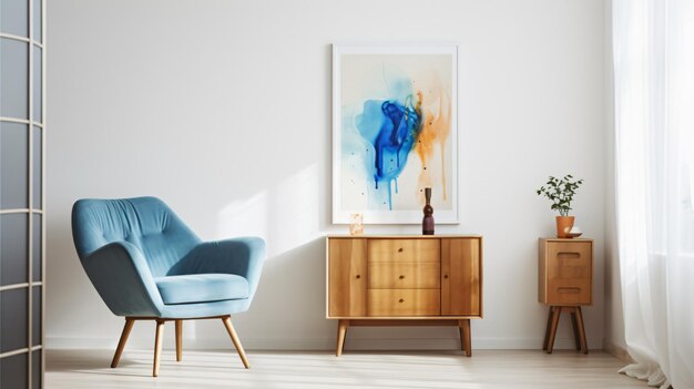 Blue chair near brown cabinet and art poster on white background