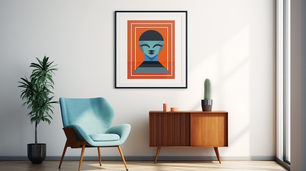 Blue chair near brown cabinet and art poster on white background