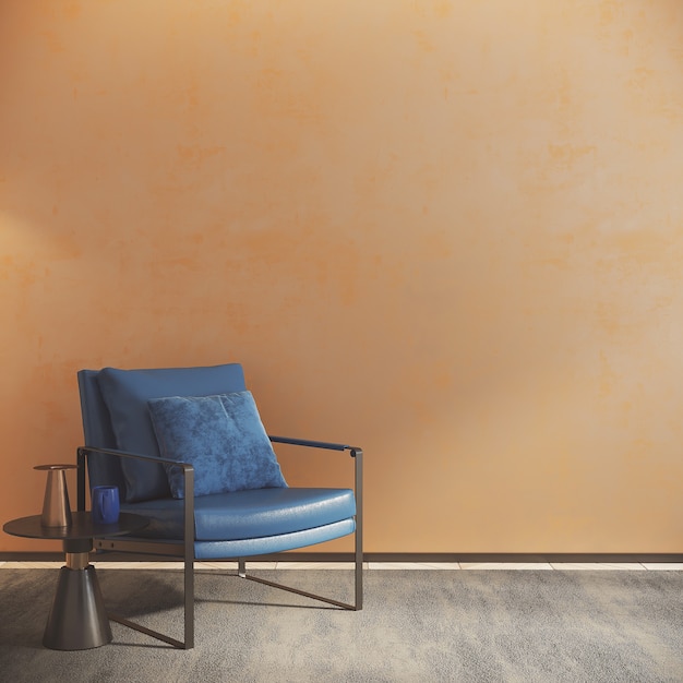 Blue chair in the room front of the orange blank wall 3d render