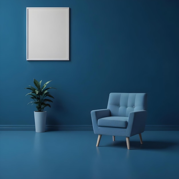 Photo a blue chair in a room with a picture on the wall