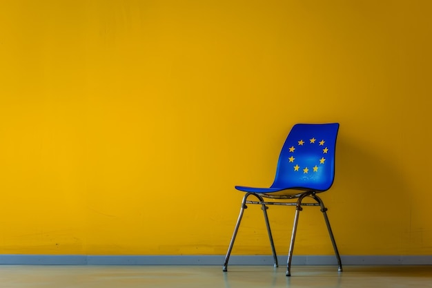 A blue chair sits serenely in front of a vibrant yellow wall creating a striking contrast