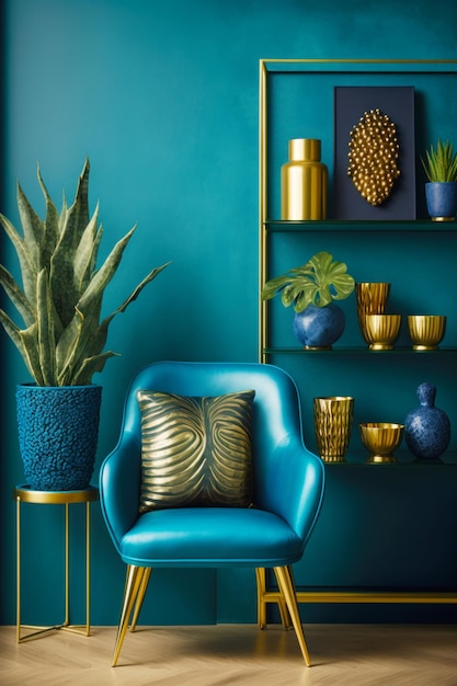 Blue chair sitting in front of blue wall with potted plant Generative AI