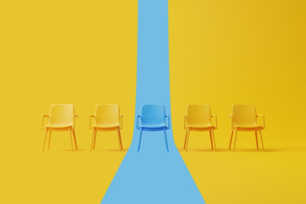 Blue chair standing out from a row of chairs against a blue and yellow background 3D render