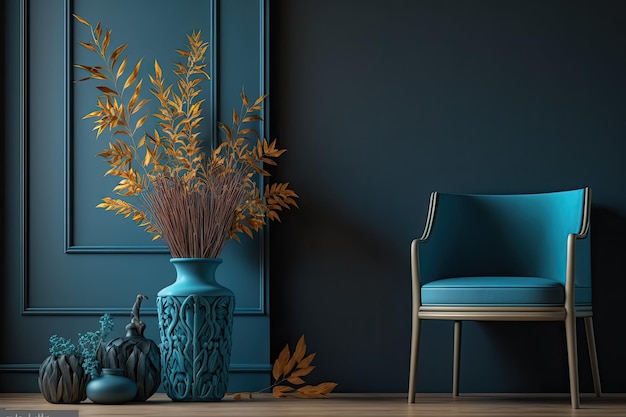 Blue Chair and Vase on Wooden Floor Generative AI