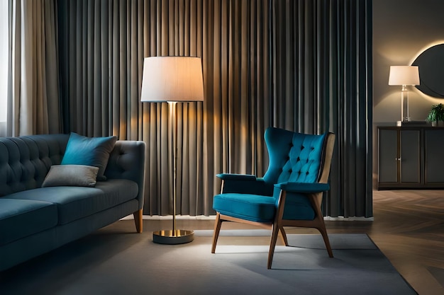 a blue chair with a lamp on the side and a lamp on the right side