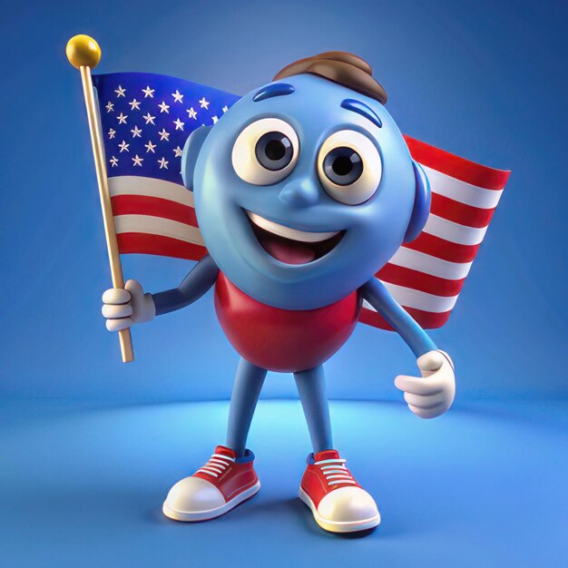 a blue character holding a flag that says quot the american flag quot