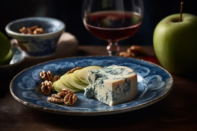 A blue cheese with pears on it and a glass of wine on the side.