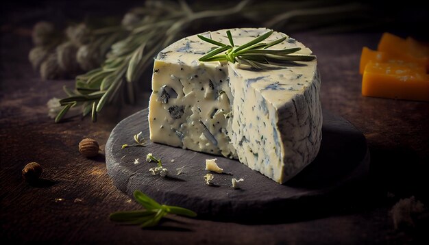 Blue cheese with rosemary and blueberries on a wooden tablegenerative ai