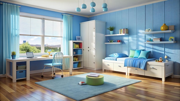 Blue children room interior for mockup 3D rendering