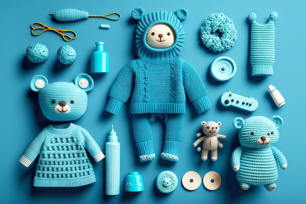 Blue childrens clothing and accessories on blue background cute kids knitted toys