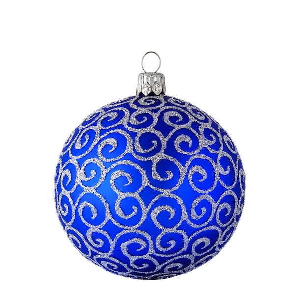 Blue Christmas ball with silver ornament isolated on white background