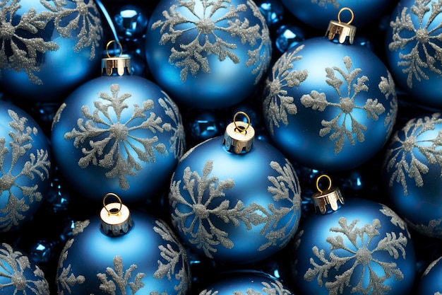 Blue christmas balls with snowflakes background