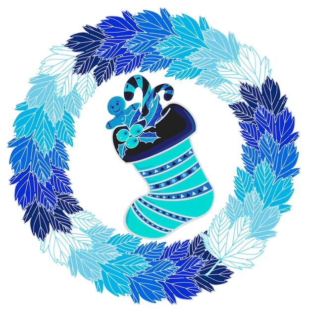 Blue Christmas stocking in a round frame of blue maple leaves Digital illustration for design