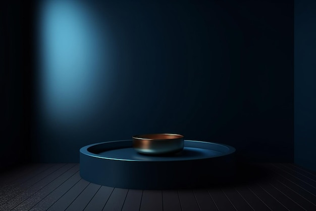 A blue circle with a gold bowl on it