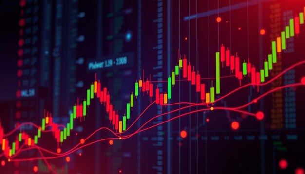 Blue circuit board red and yellow candlestick chart digital data