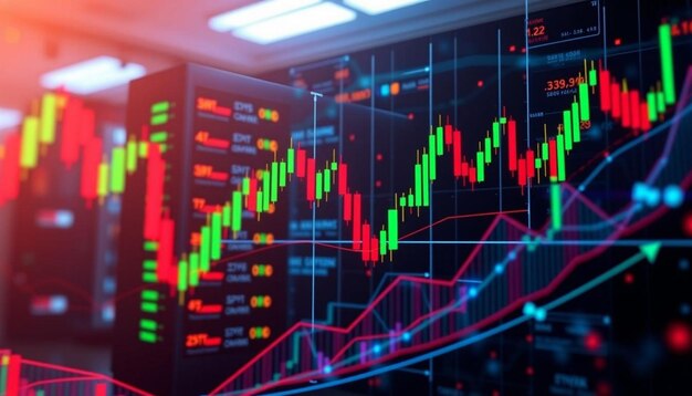 Blue circuit board red and yellow candlestick chart digital data