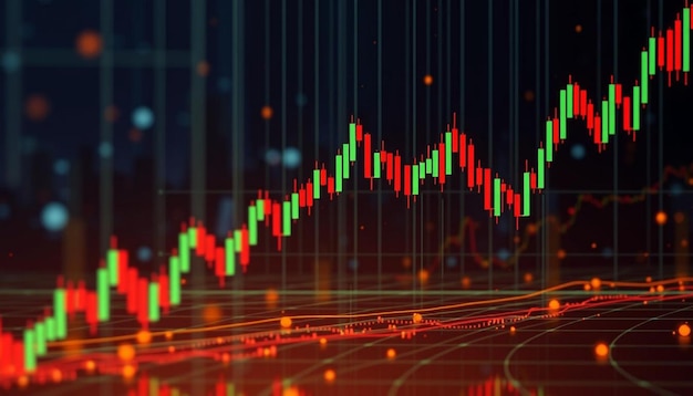 Blue circuit board red and yellow candlestick chart digital data