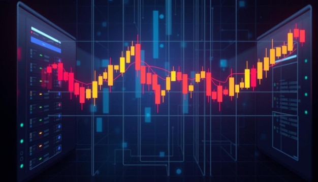 Blue circuit board red and yellow candlestick chart digital data