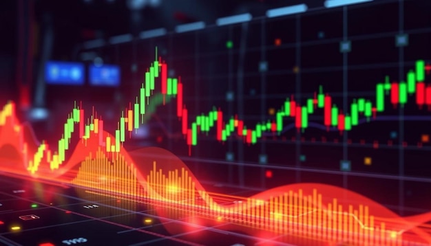 Blue circuit board red and yellow candlestick chart digital data