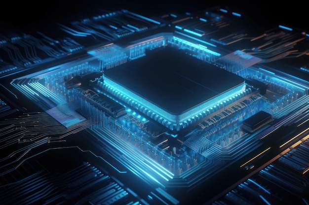 A blue circuit board with a circuit board with the word data on it.