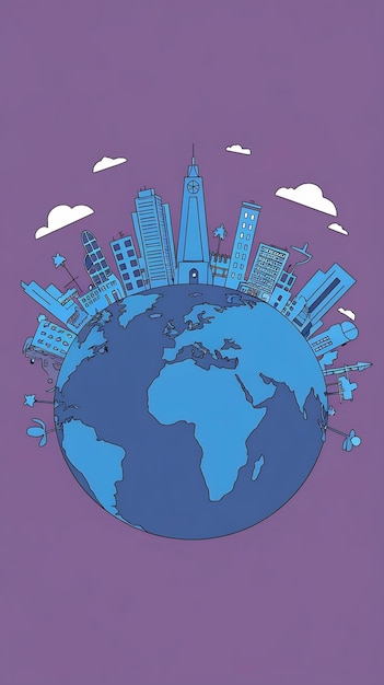 Photo a blue city on a blue globe with a purple background