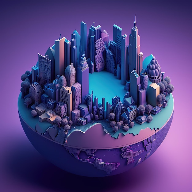 A blue city on a blue globe with a purple background.