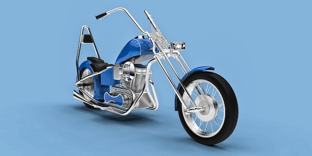 Blue classic custom motorbike isolated on light blue background. 3d rendring.