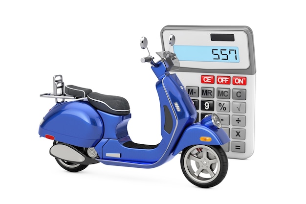 Blue Classic Vintage Retro or Electric Scooter near Pocket Calculator on a white background. 3d Rendering