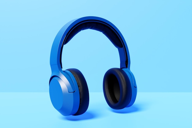 Blue classic wireless headphones isolated 3d rendering Headphone icon illustration Audio technology