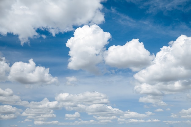 Blue clear sky with white fluffy clouds.