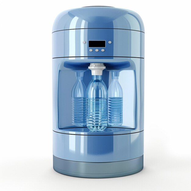 a blue and clear water cooler with a digital display