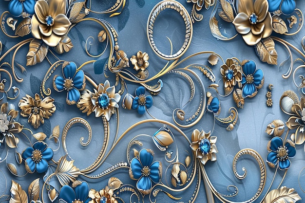 a blue cloth with gold flowers and a blue background