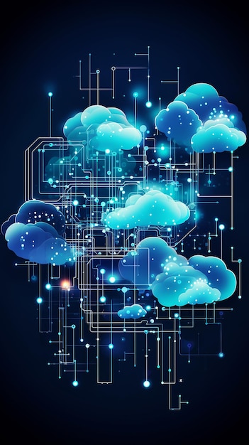 Photo blue clouds and glowing lines on dark blue background represent the cloud storage and computing network