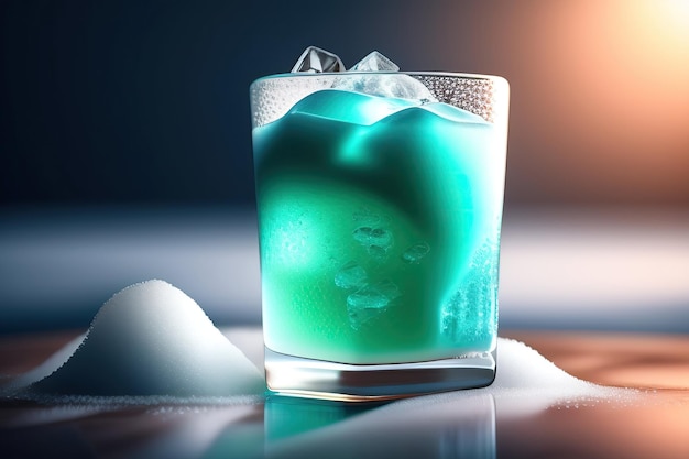 A blue cocktail drink with ice cubes on the side stays on an ice surface