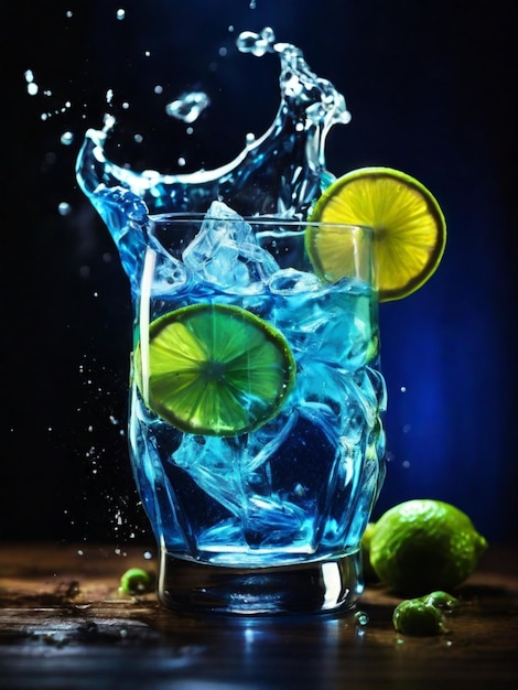 a blue cocktail in glass with splashes