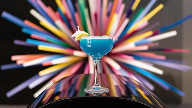 a blue cocktail is surrounded by colored pencils and a pint of colored pencils