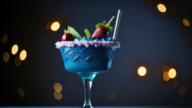 A blue cocktail with a blue drink and strawberries on top.