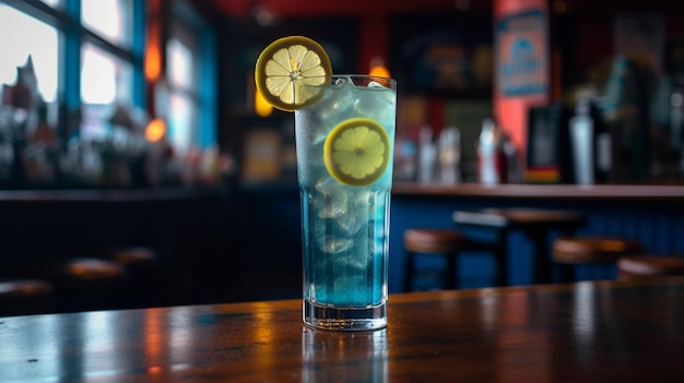 A blue cocktail with ice and lemons on a bar counter.