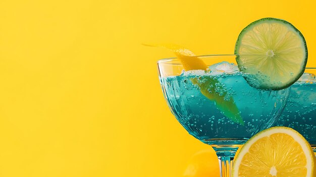 Photo blue cocktail with lime and lemon on yellow background